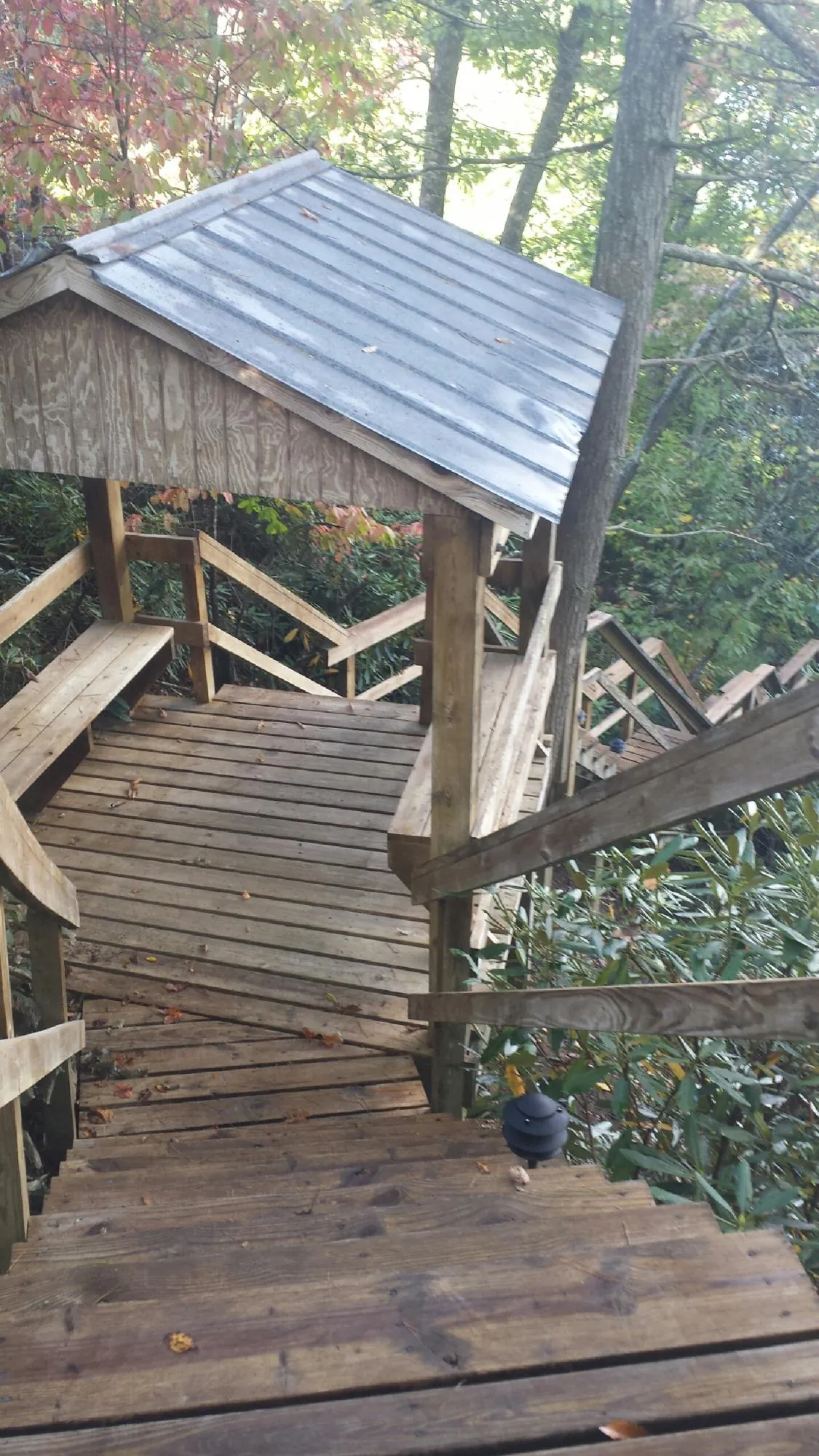 Metal roofed shelter over wooden steps on a wooded walkway — Skylight Repair & Installation work by our crew in Martindale